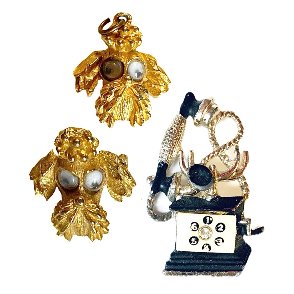 Vintage Moving Googley Eyed Poodle Pin & Charm 1” & Retro Phone Broach